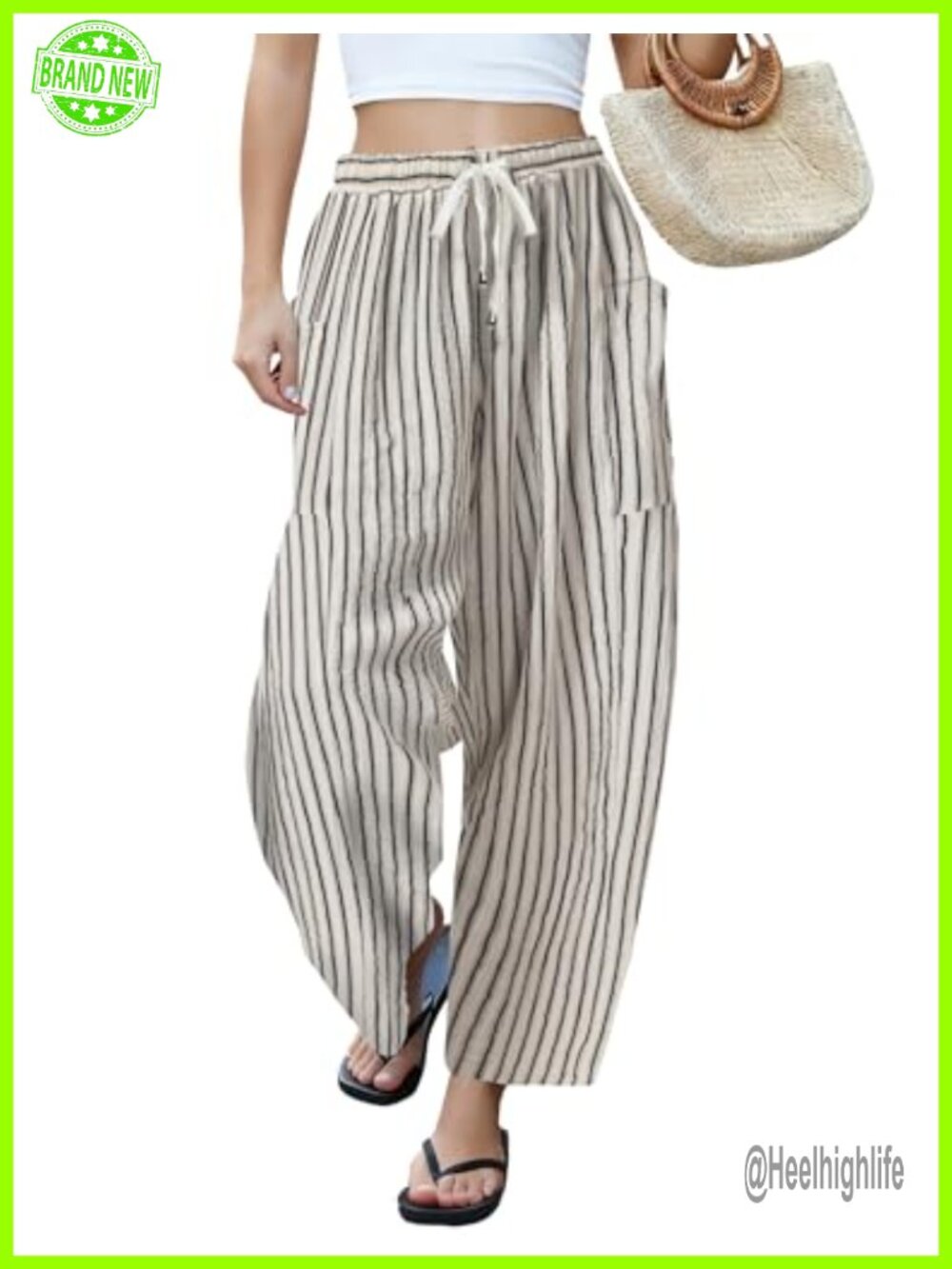 Wide Leg Linen Palazzo Harem Pants Drawstring Elastic Waist Pockets